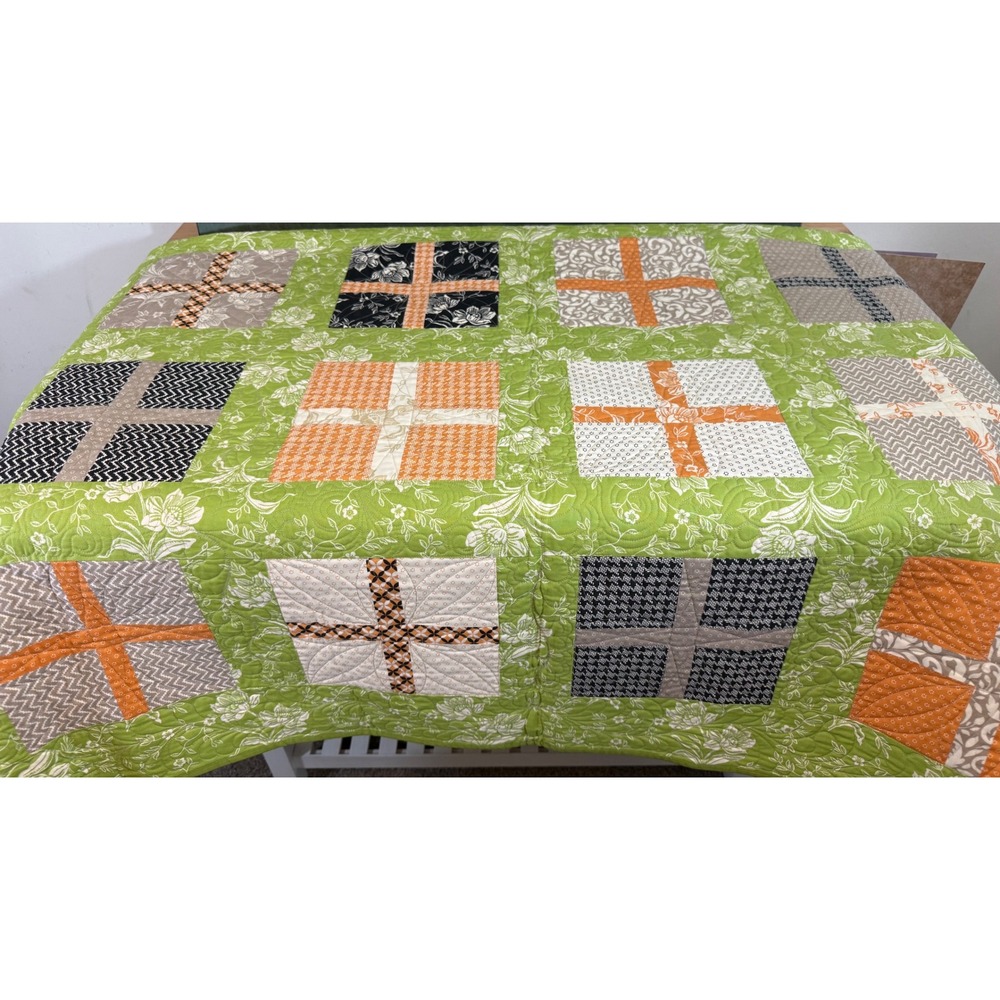 Handmade Halloween-ish Colors Patchwork Quilt Floral 69.5x69.5 Square